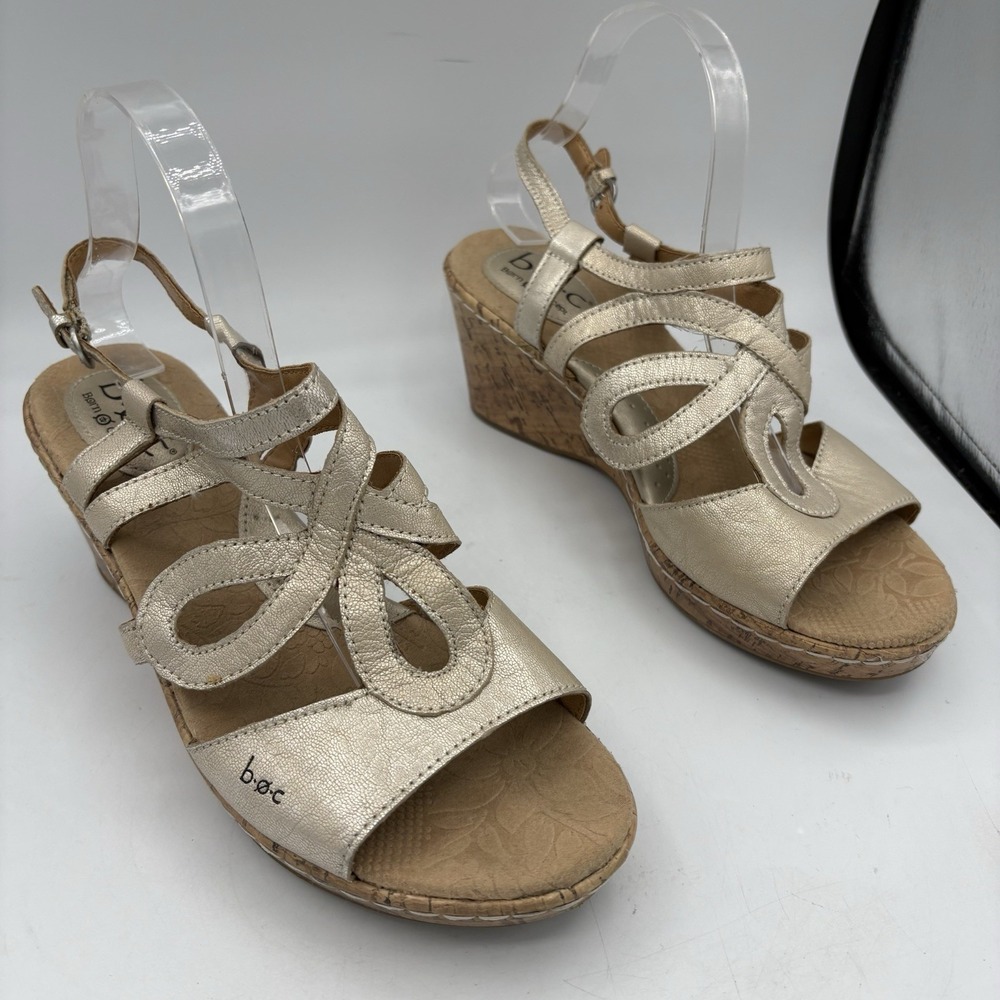 b.o.c. Gold Metallic Cork Wedge Sandals